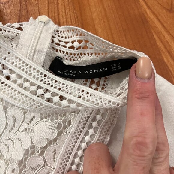 Zara Woman Lace & Crochet Peplum Blouse Ivory White Cropped Shirt Sz M Medium - Picture 7 of 10